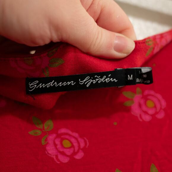 Gudren Sjoden Red Floral Print Babydoll Tunic Top Pocket Lagenlook SZ M - Picture 4 of 5